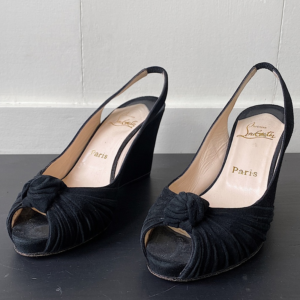 Christian Louboutin Black Suede Wedge w/ Open Toe and Knot
